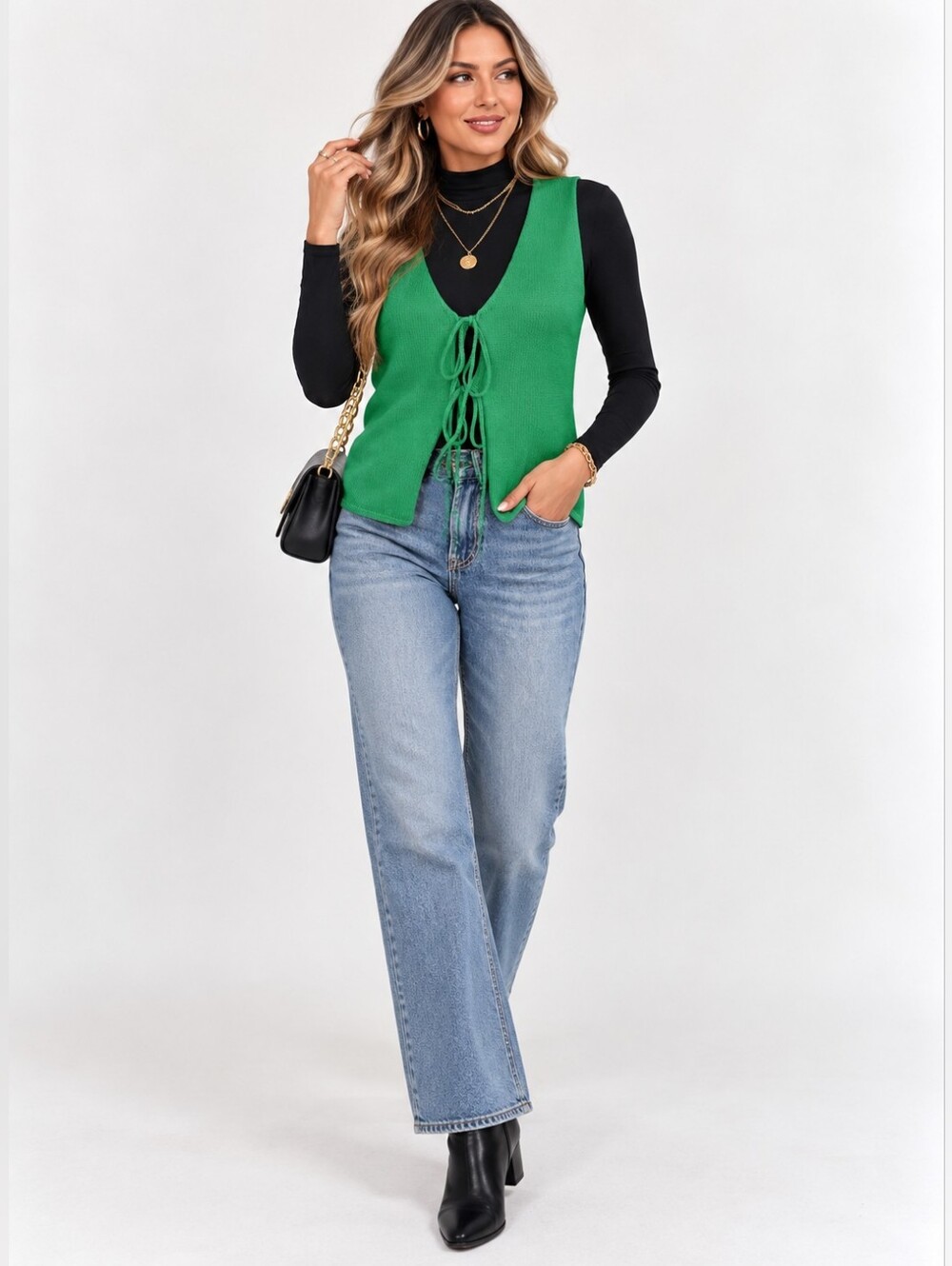 NWT Yousify Tie-Front Knit Sweater Vest – Size Small – Dark Green